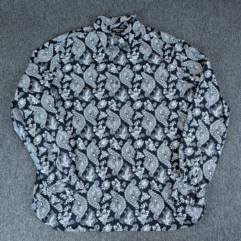 Claiborne‎ Boho Paisley Button Down Shirt Mens XL Black White Cotton Slim Fit